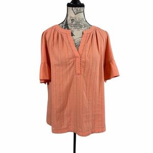 LOFT Coral Cotton V- Neck Ruffled Sleeves Blouse with Embroidered Accents Size M